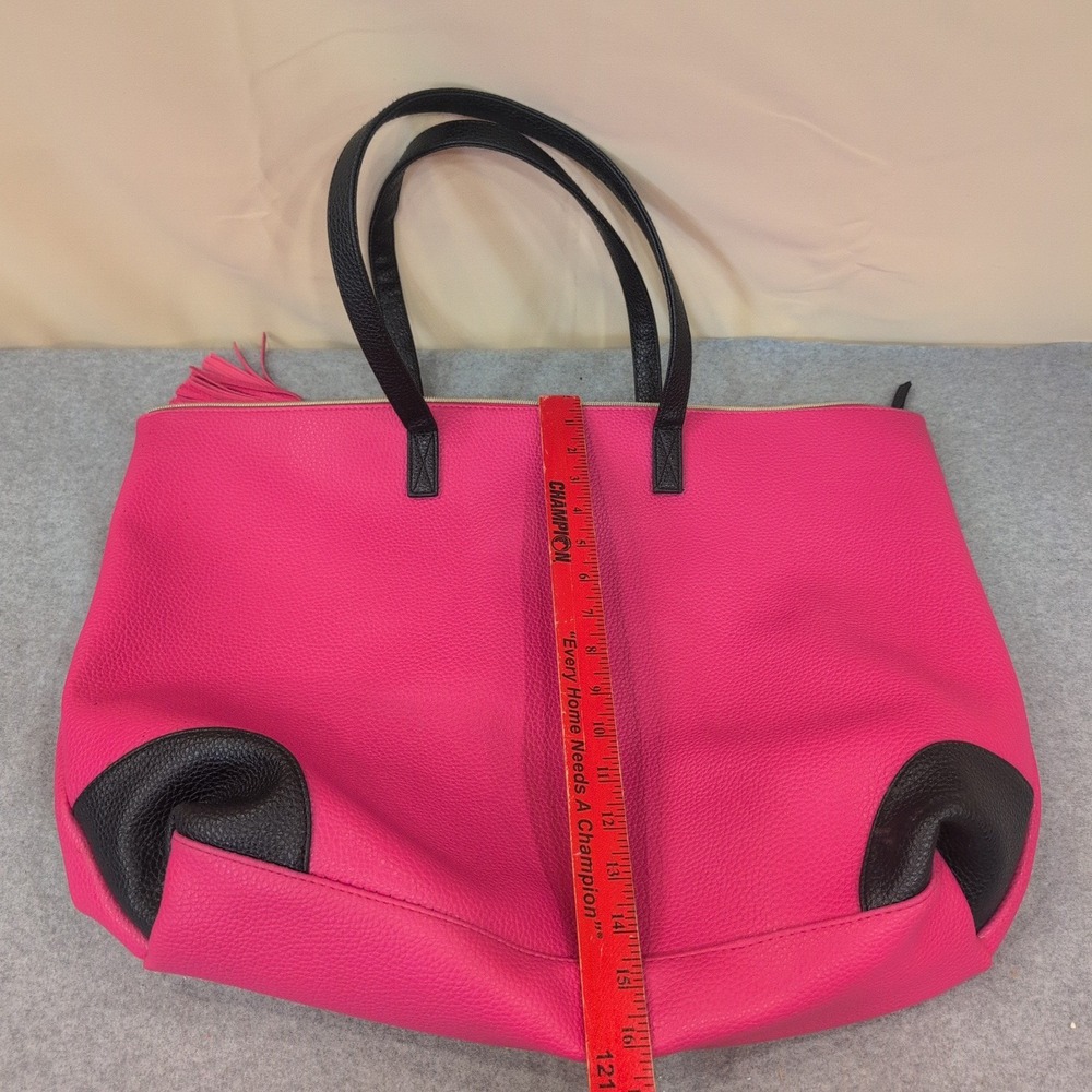 Pink Pebbled Faux Leather Large Tote‎ Bag Black Straps Tassel Zip Top Carryall - Picture 4 of 7